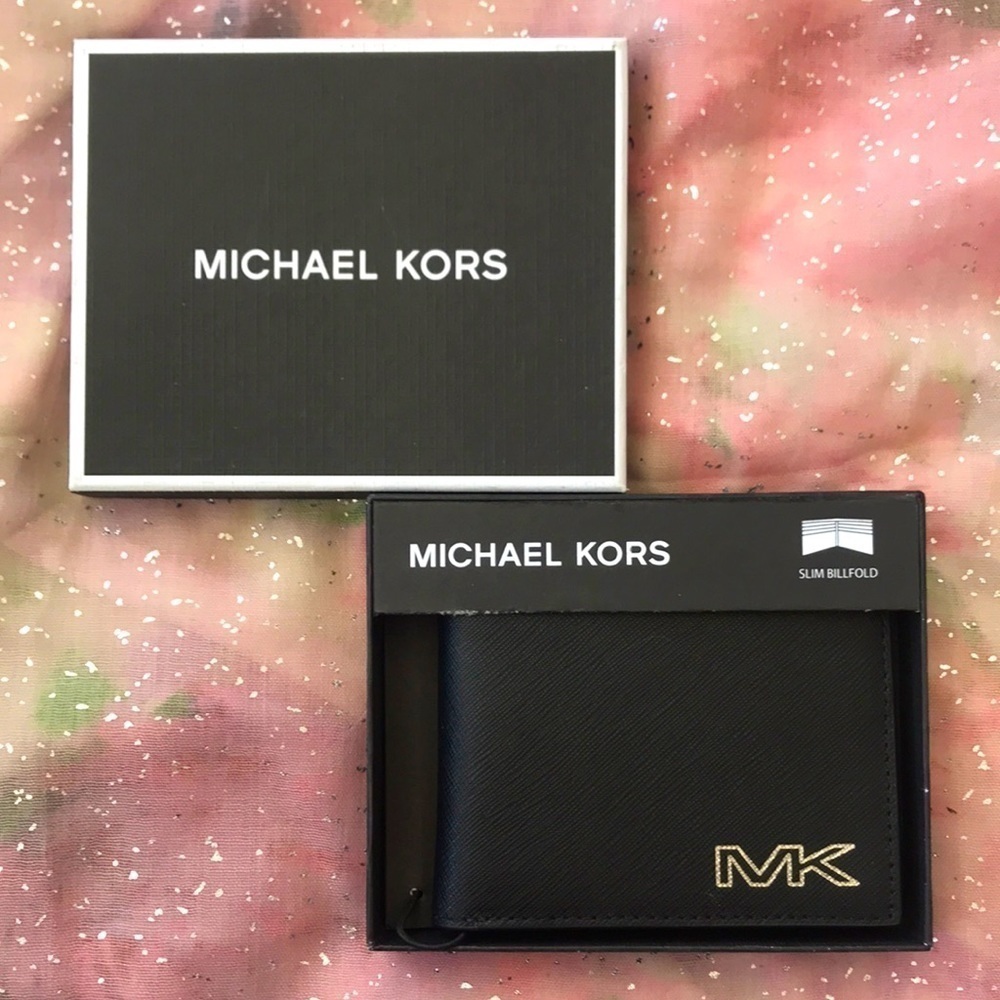 Brand New Michael Kors Genuine Leather Black Slim Billfold Wallet w/ Silver Logo